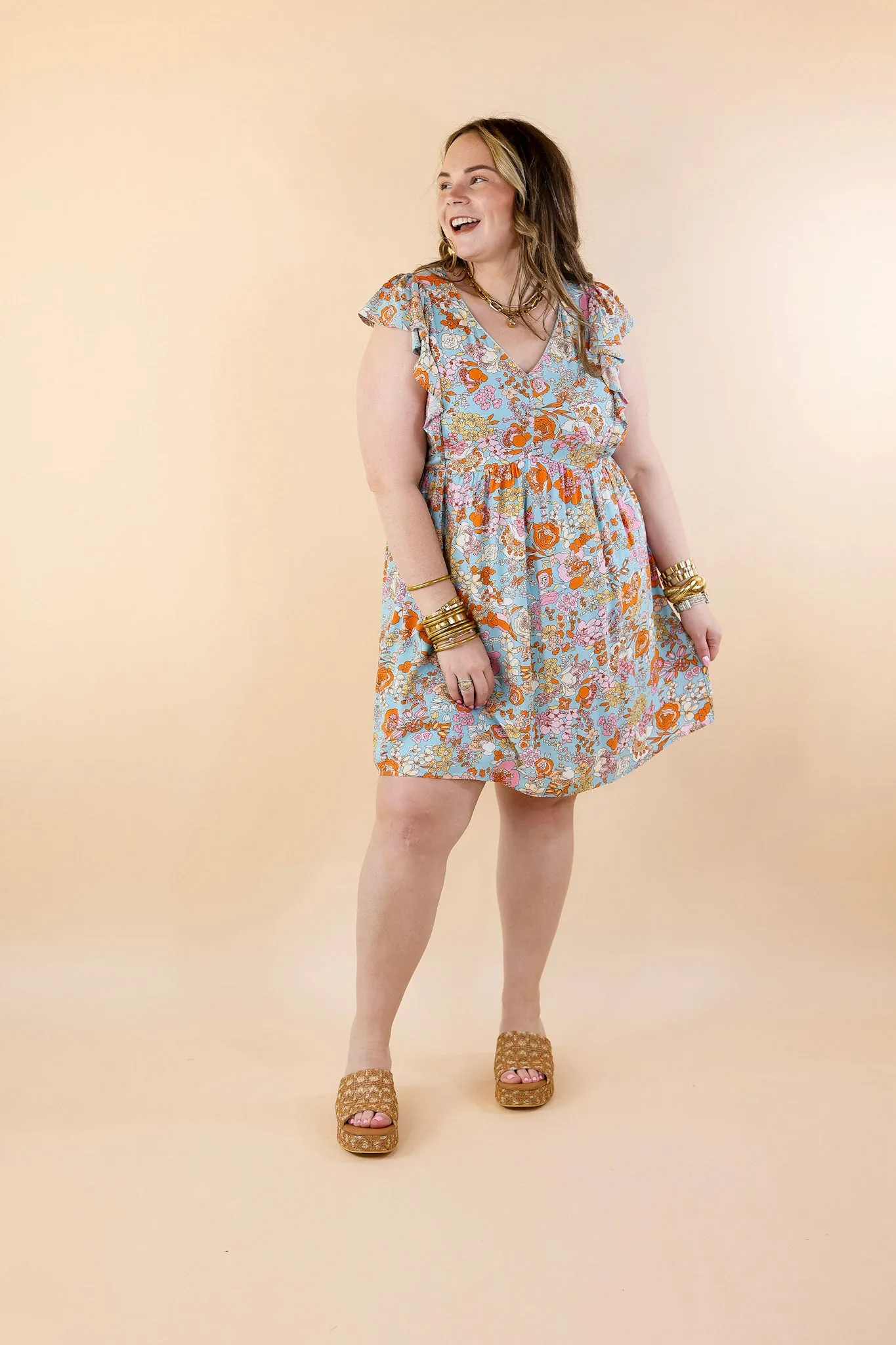 Sunshine On My Mind Floral Ruffle Cap Sleeve Dress in Light Blue