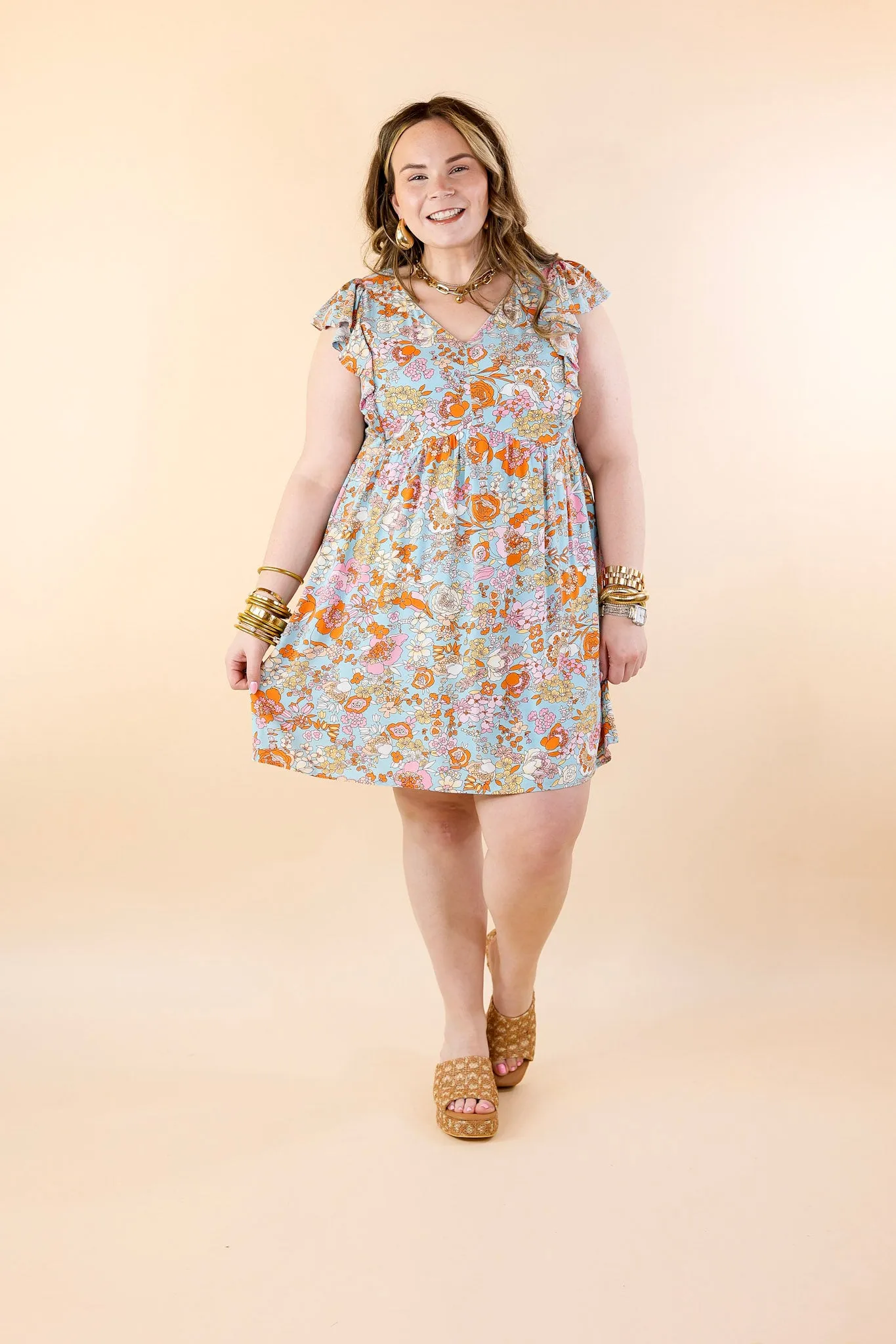 Sunshine On My Mind Floral Ruffle Cap Sleeve Dress in Light Blue