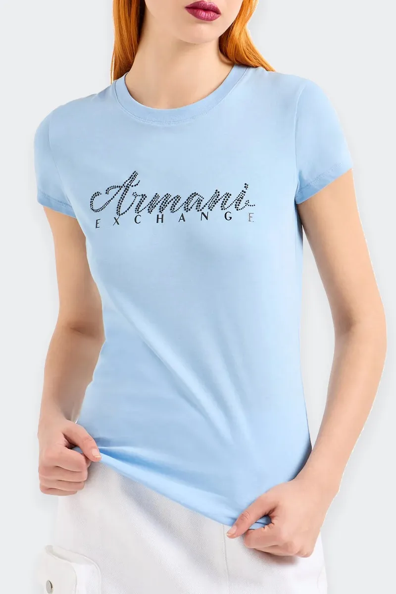 T-SHIRT SLIM FIT CON LOGO STRASS AZZURRA