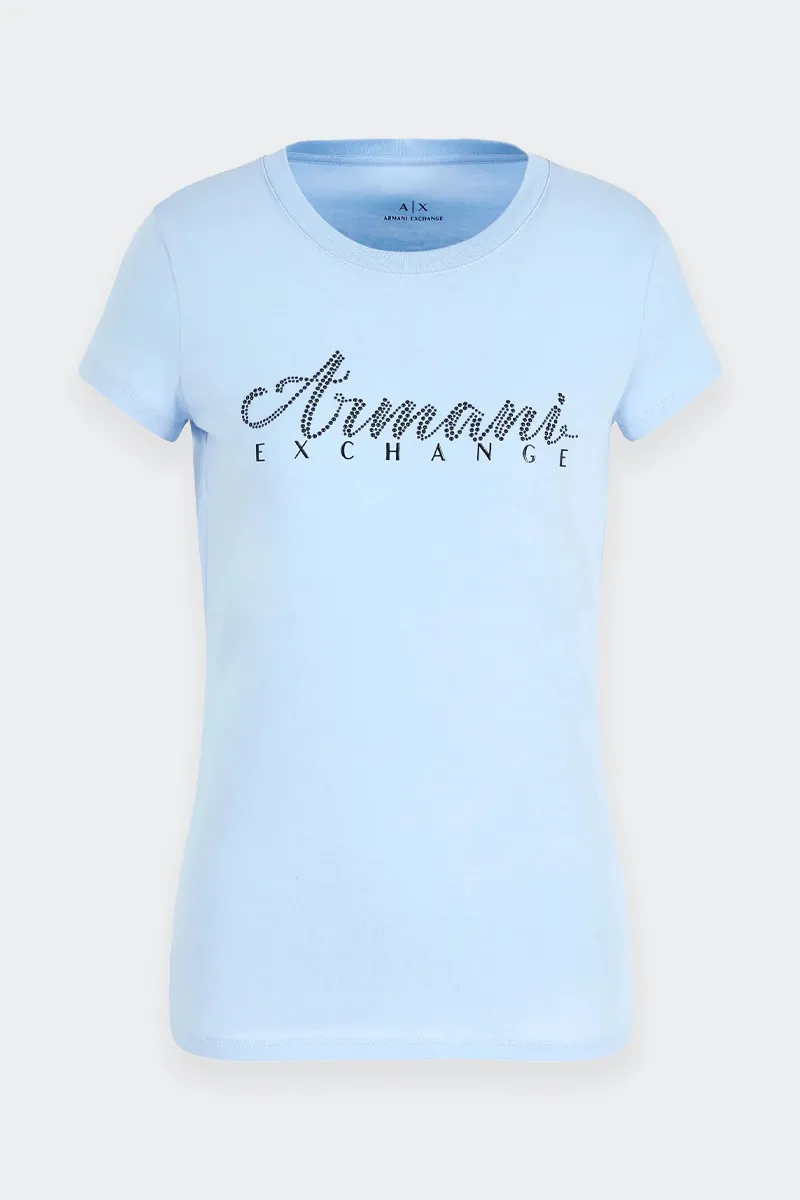 T-SHIRT SLIM FIT CON LOGO STRASS AZZURRA