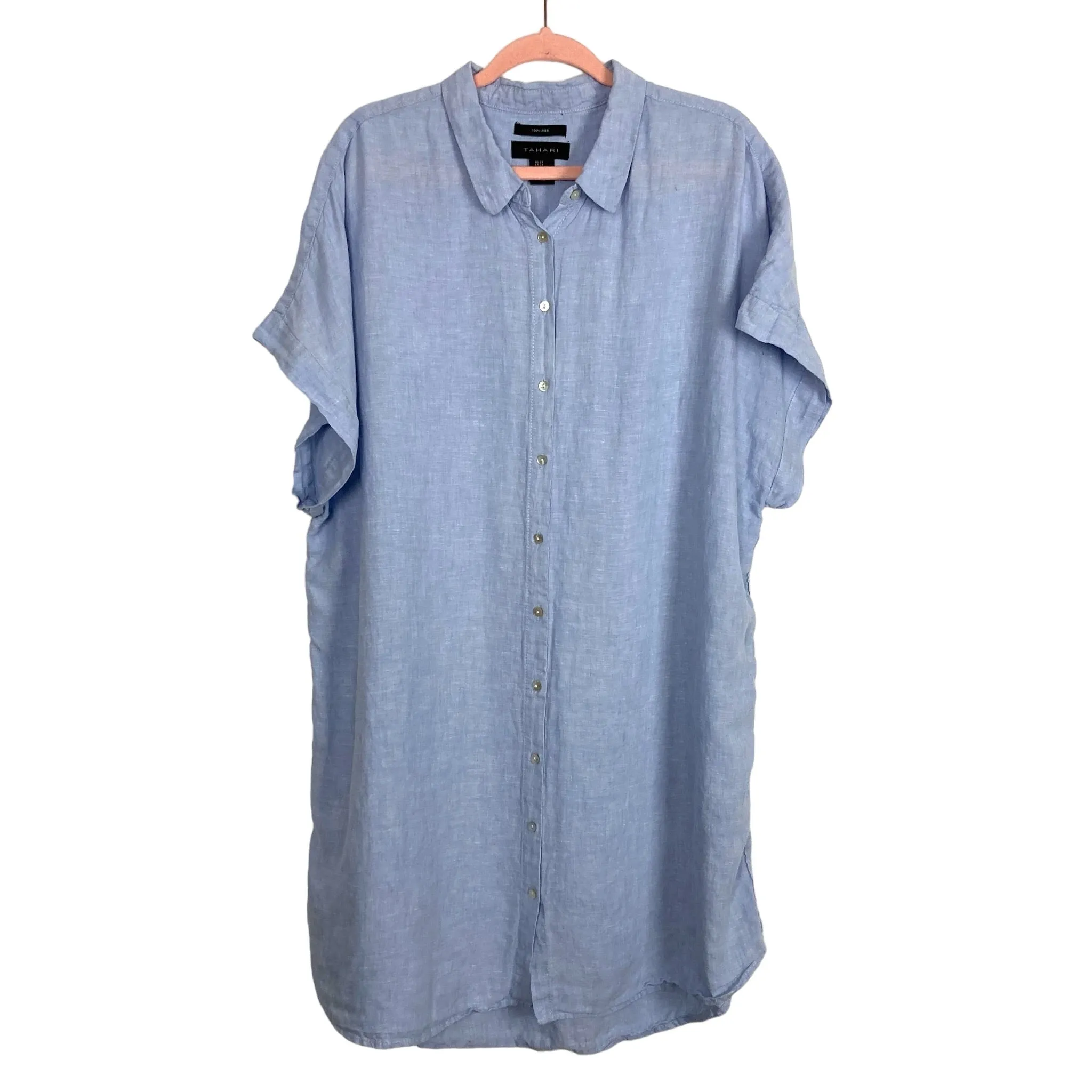 Tahari Light Blue 100% Linen Button Up Shirt Dress- Size 2X (see notes)