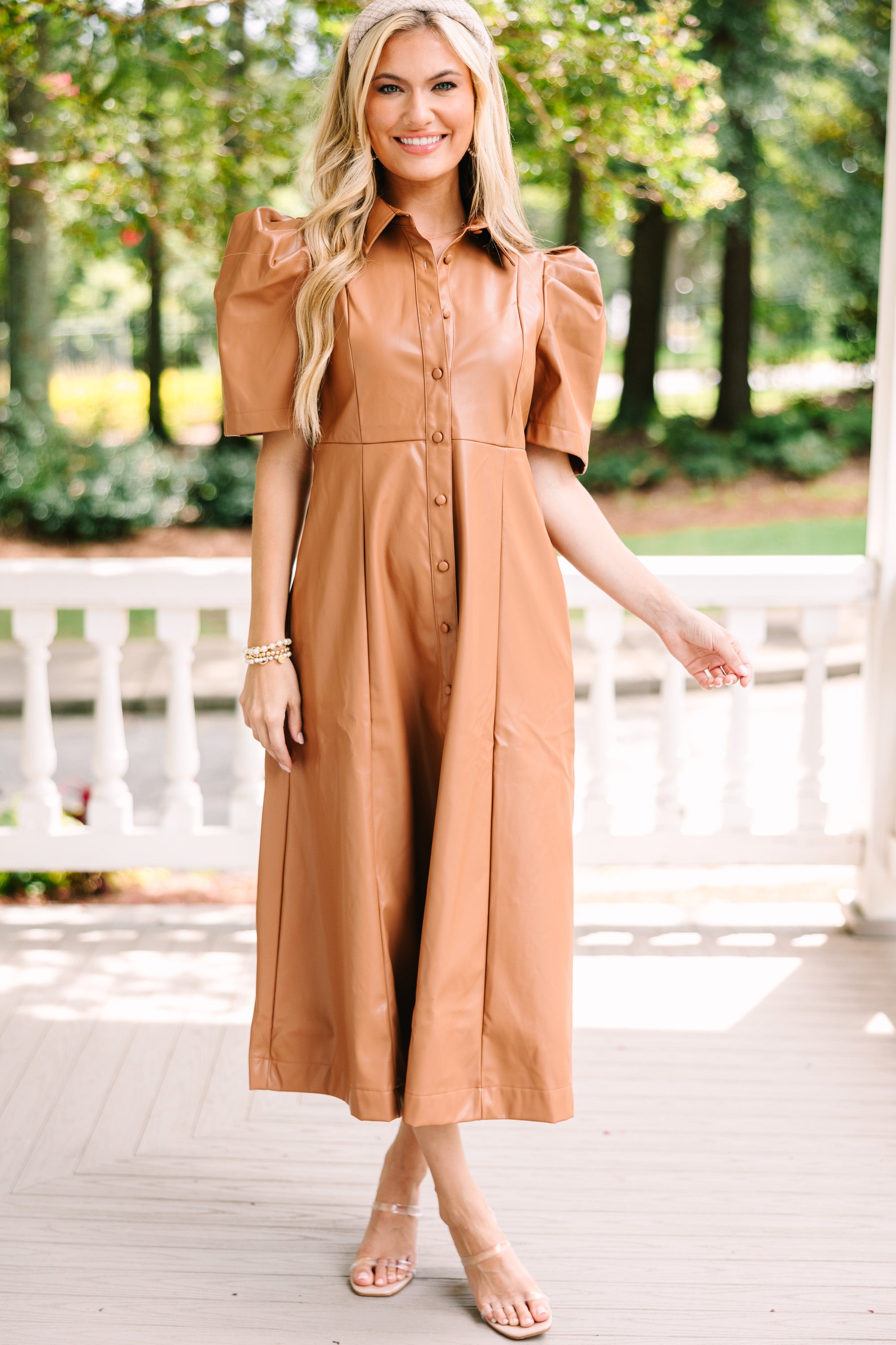 Take It As It Is Camel Brown Faux Leather Midi Dress