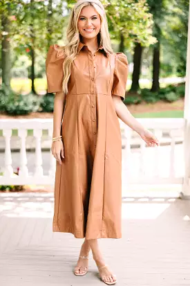 Take It As It Is Camel Brown Faux Leather Midi Dress