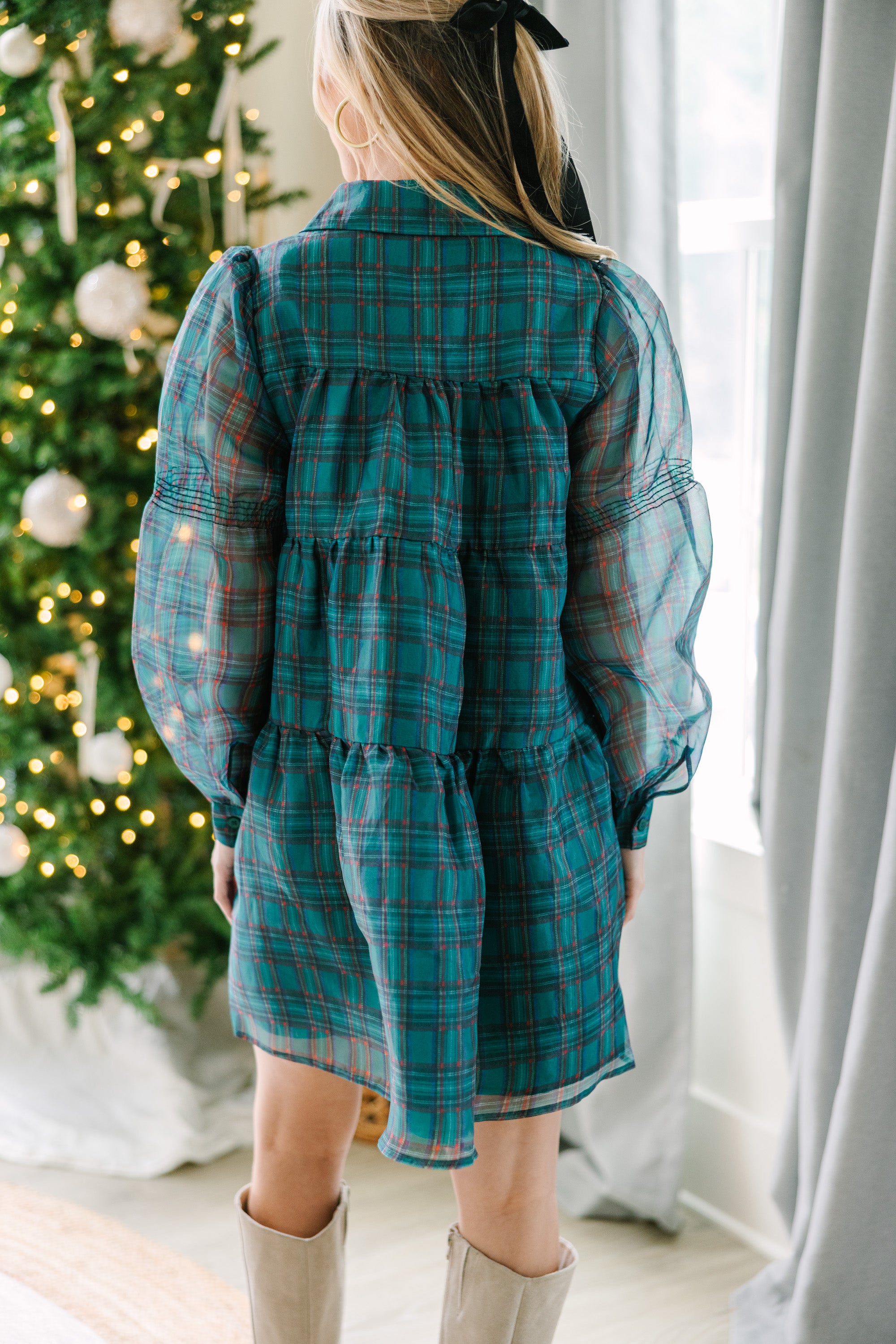 Take The Leap Emerald Green Plaid Dress