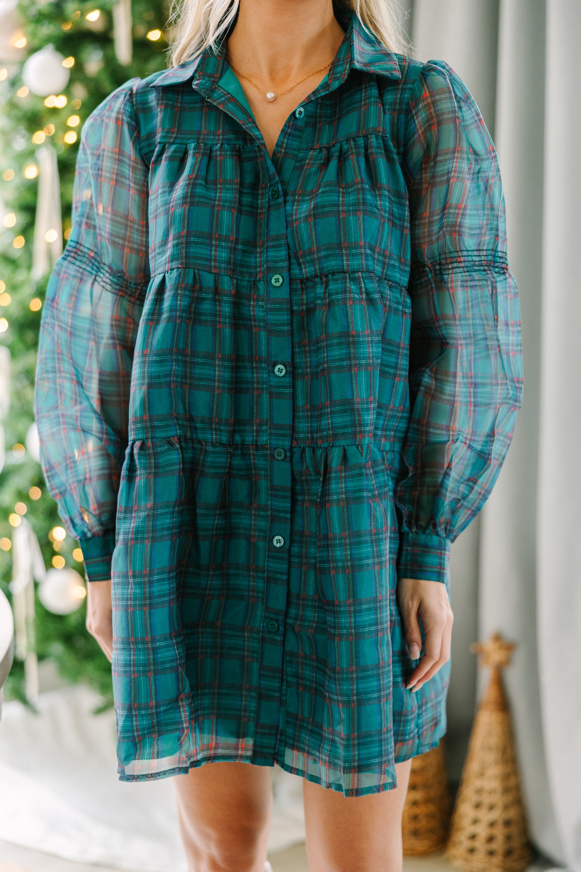 Take The Leap Emerald Green Plaid Dress