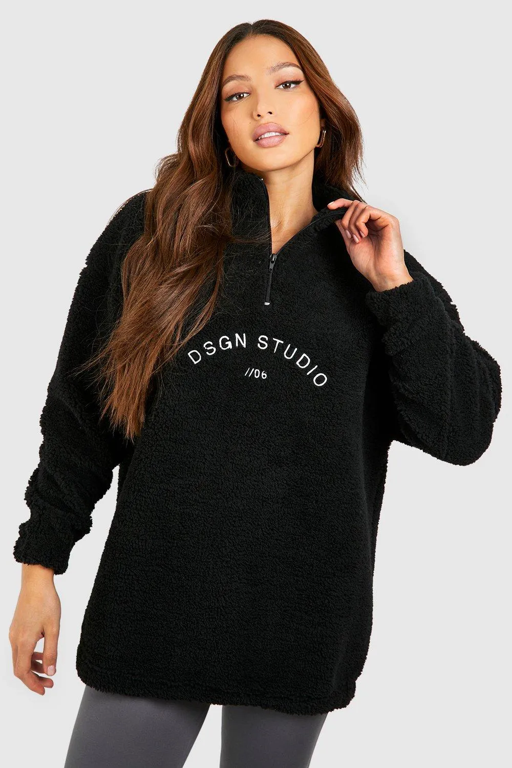 Tall Dsgn Studio Premium Borg Embroidered Half Zip Sweater