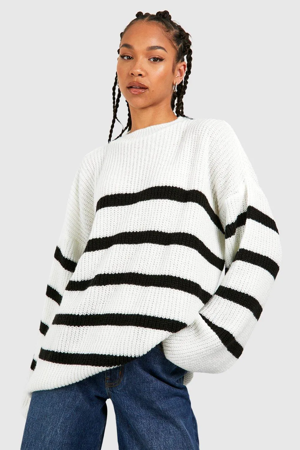 Tall High Neck Wide Sleeve Striped Sweater