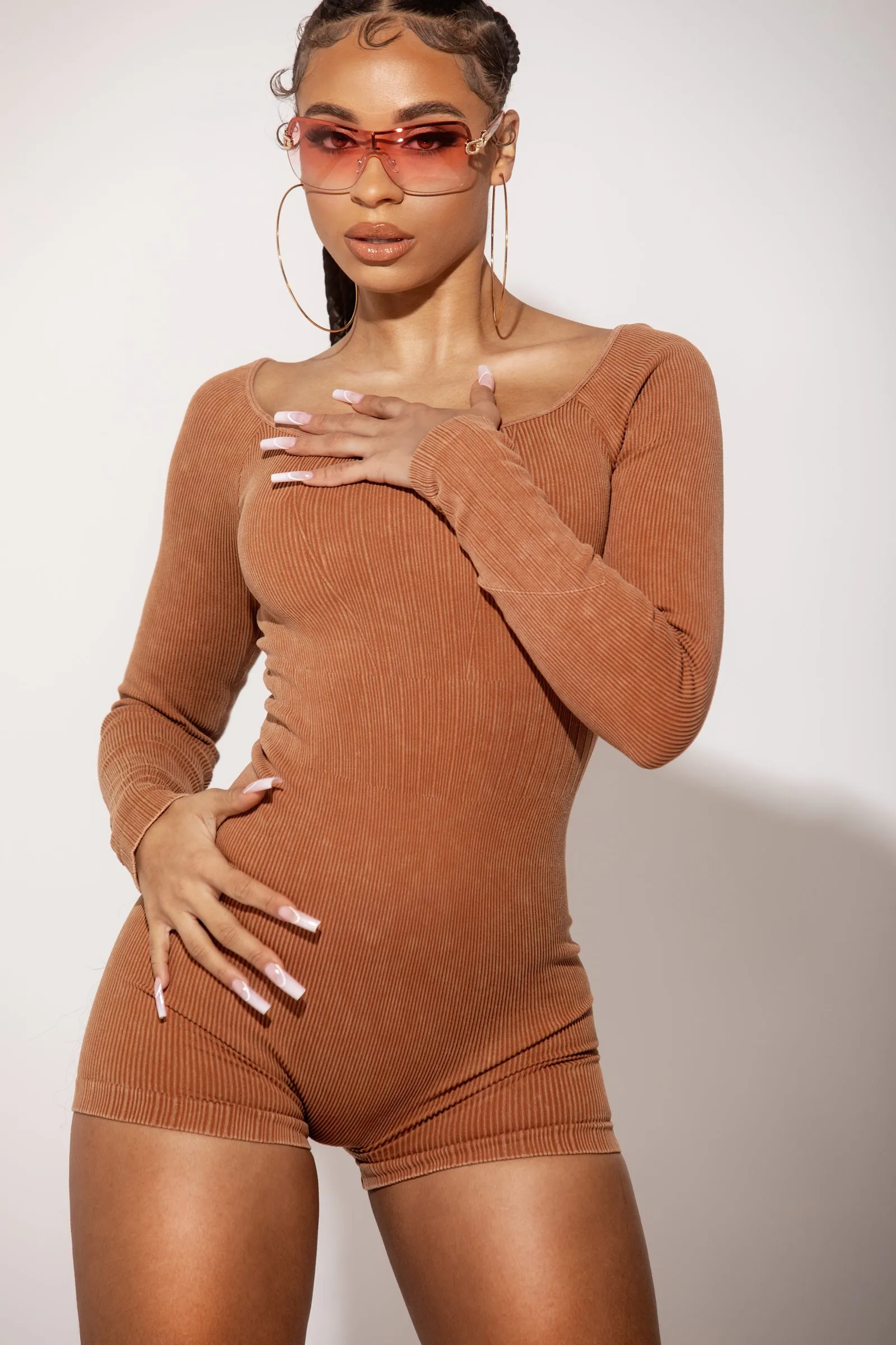 Tan Vintage wash Ribbed long sleeve romper