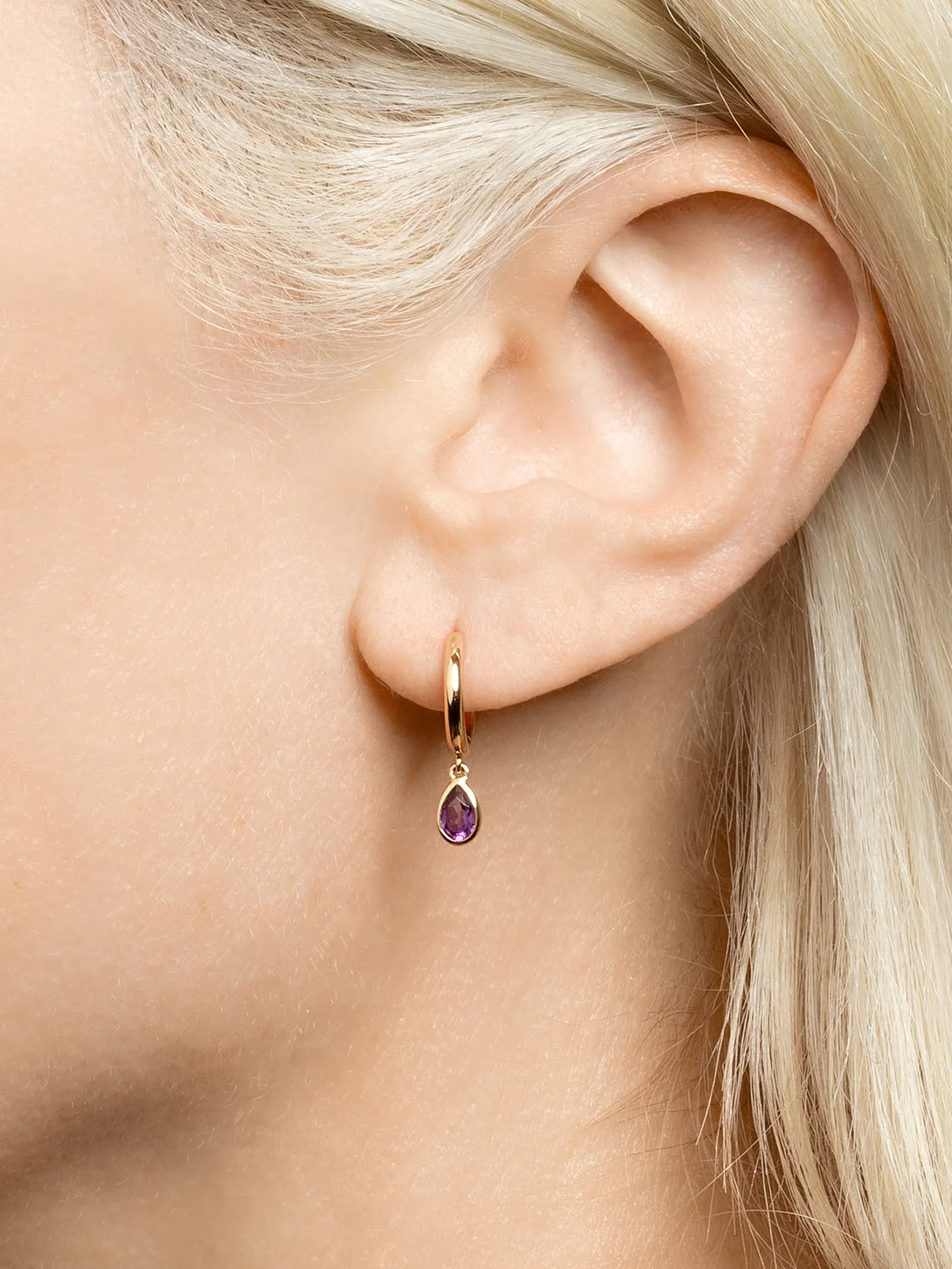 Teardrop Slim Hoop - Amethyst / 14k Yellow Gold