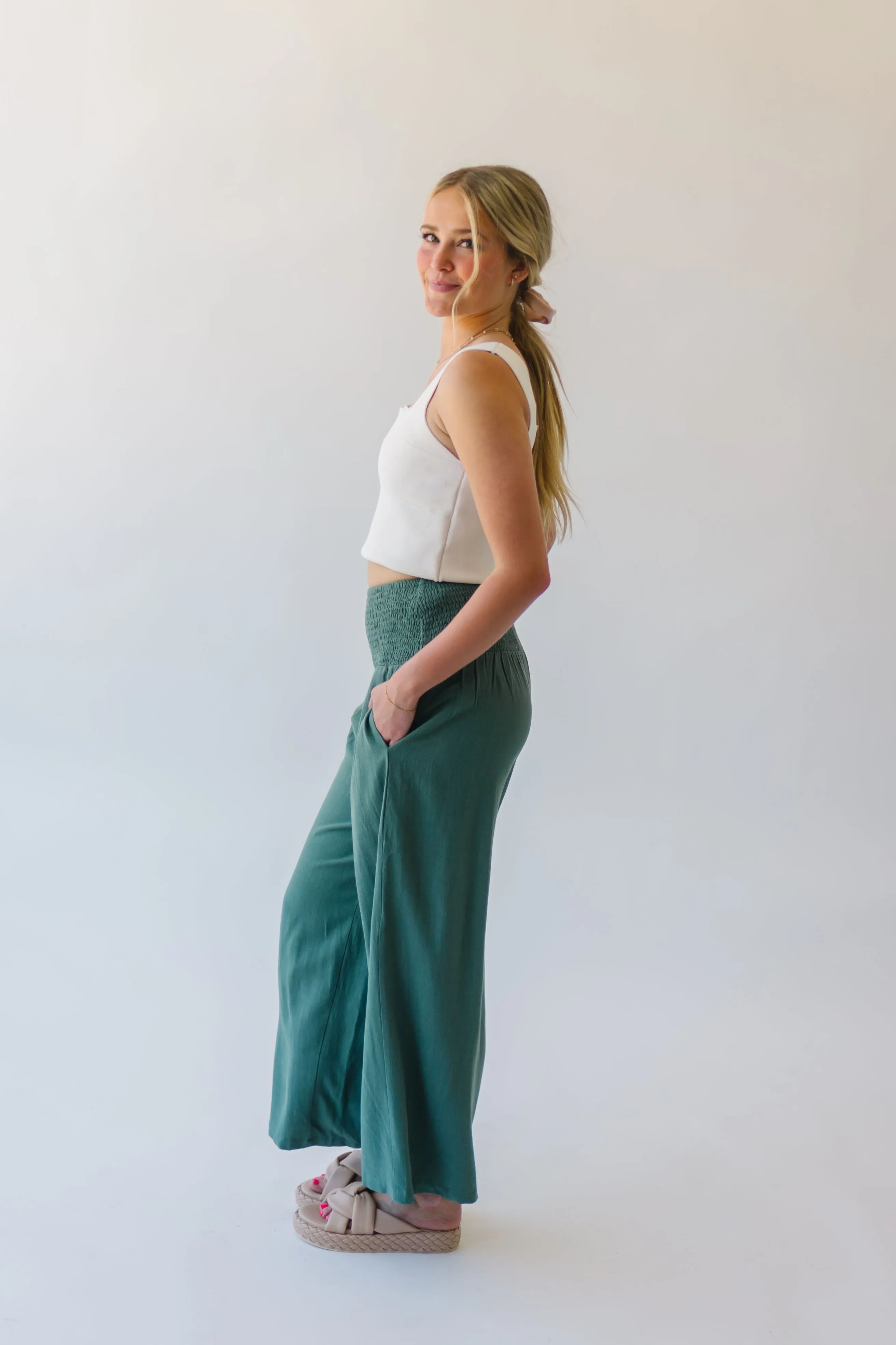 The Leawood Smocked Detail Pant in Sage Linen