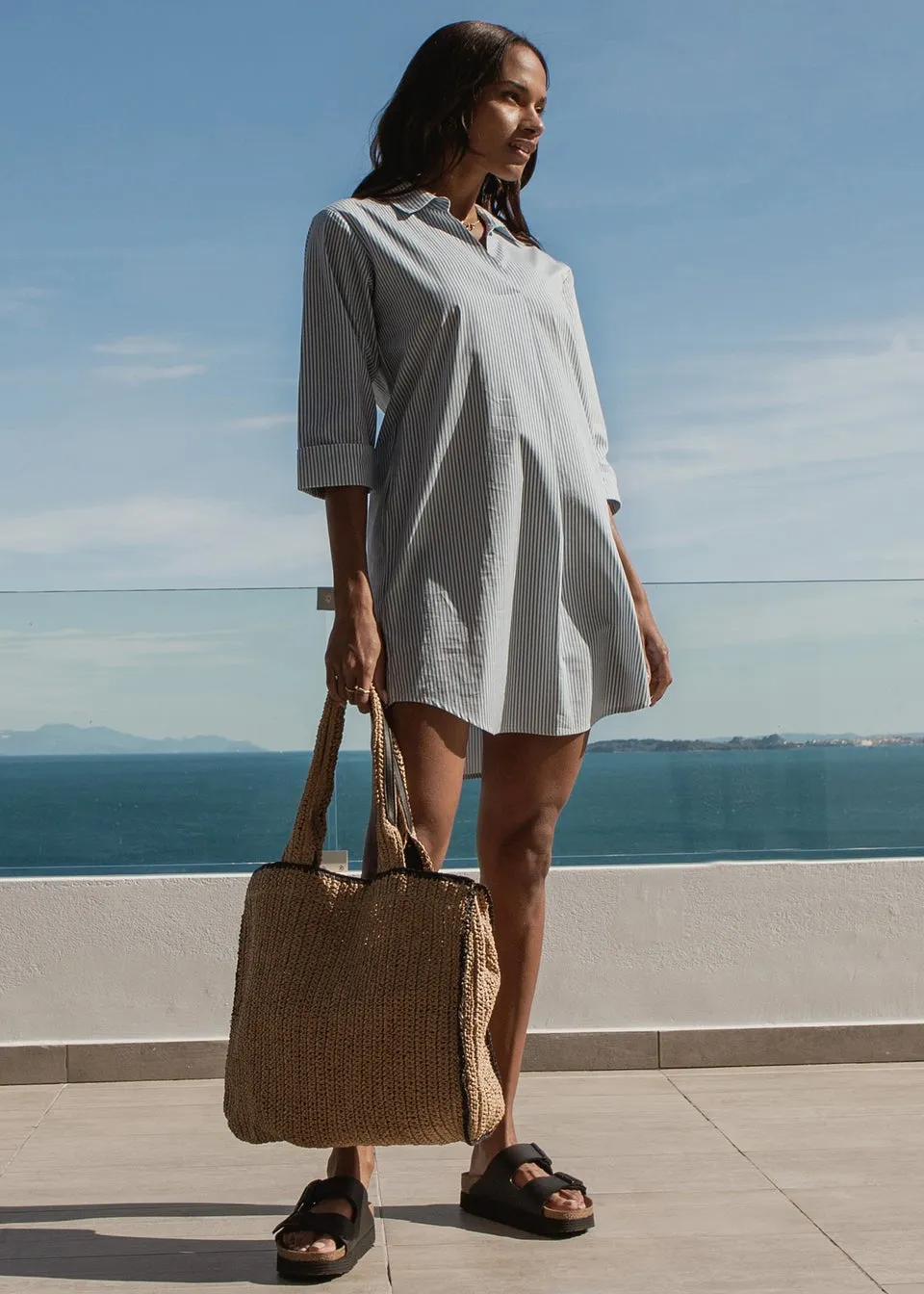 Threadbare Light Blue Cotton Poplin Beach V Neck Shirt Dress