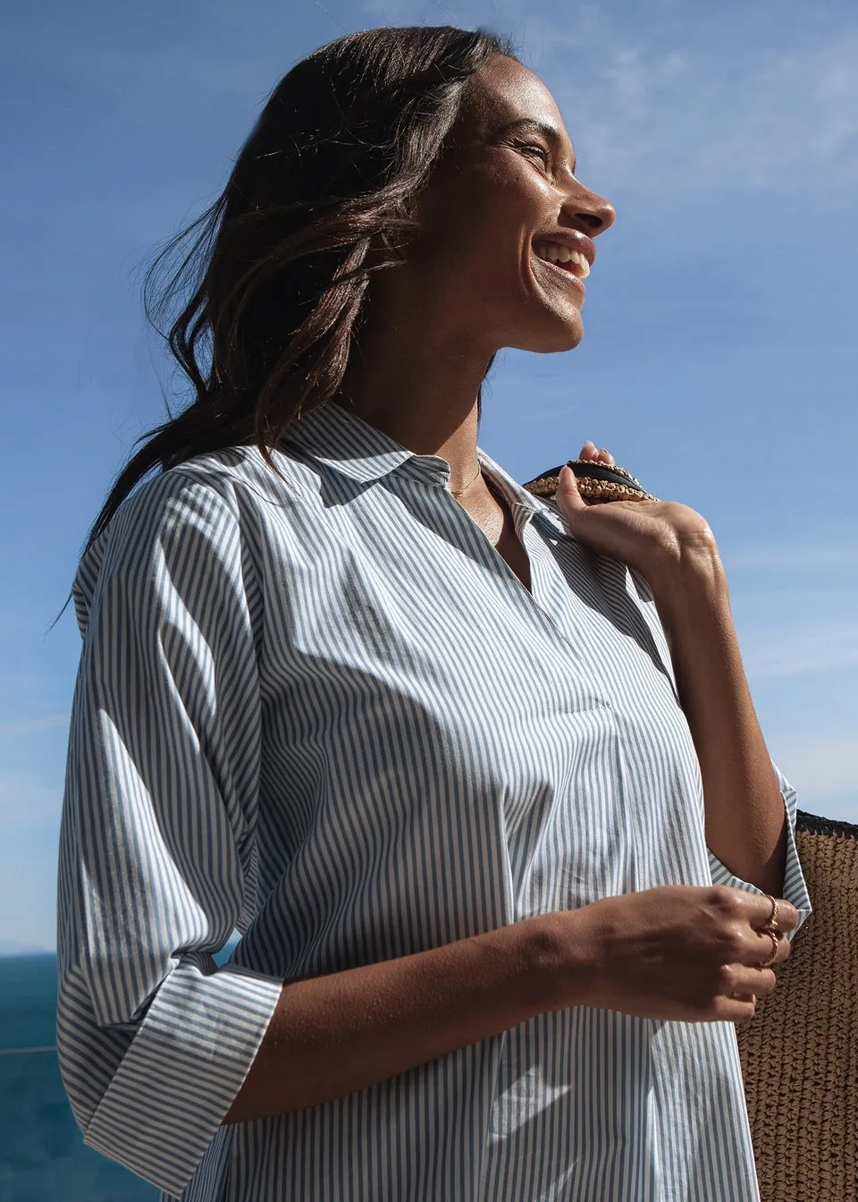 Threadbare Light Blue Cotton Poplin Beach V Neck Shirt Dress