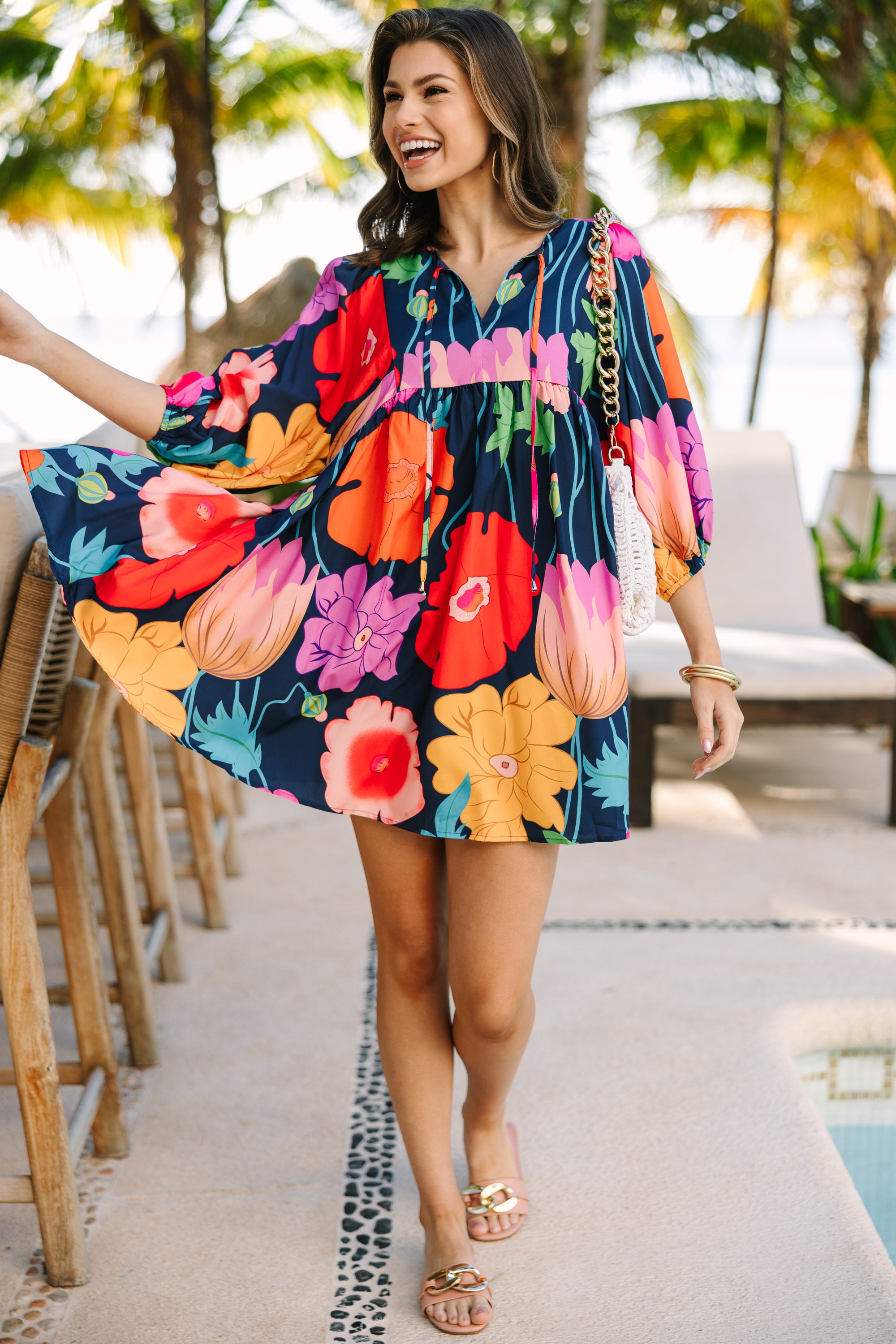 Through The Years Navy Blue Floral Babydoll Dress