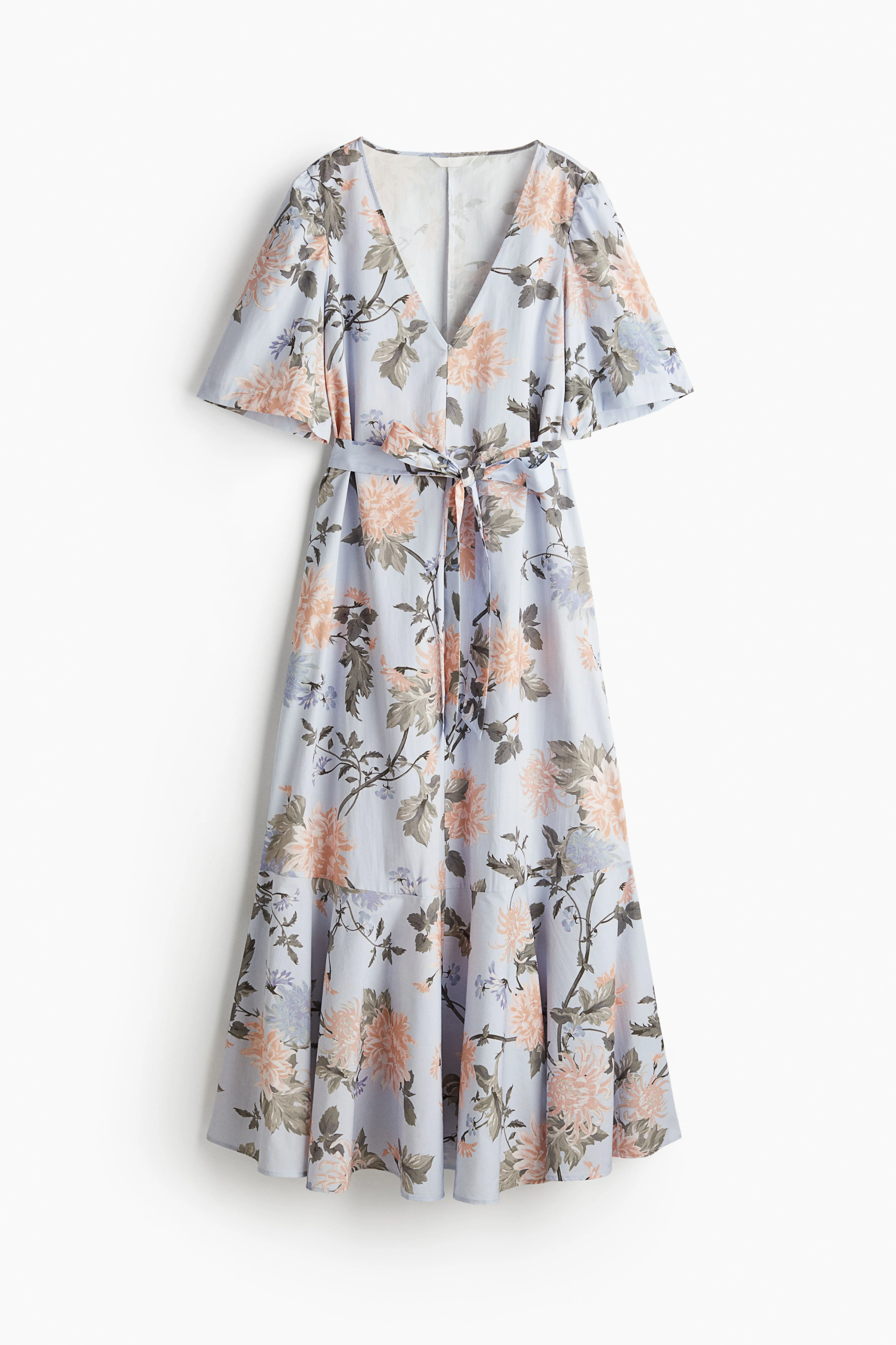 Tie-belt dress - V-neck - Short sleeve - Light blue/Floral - Ladies | H&M GB