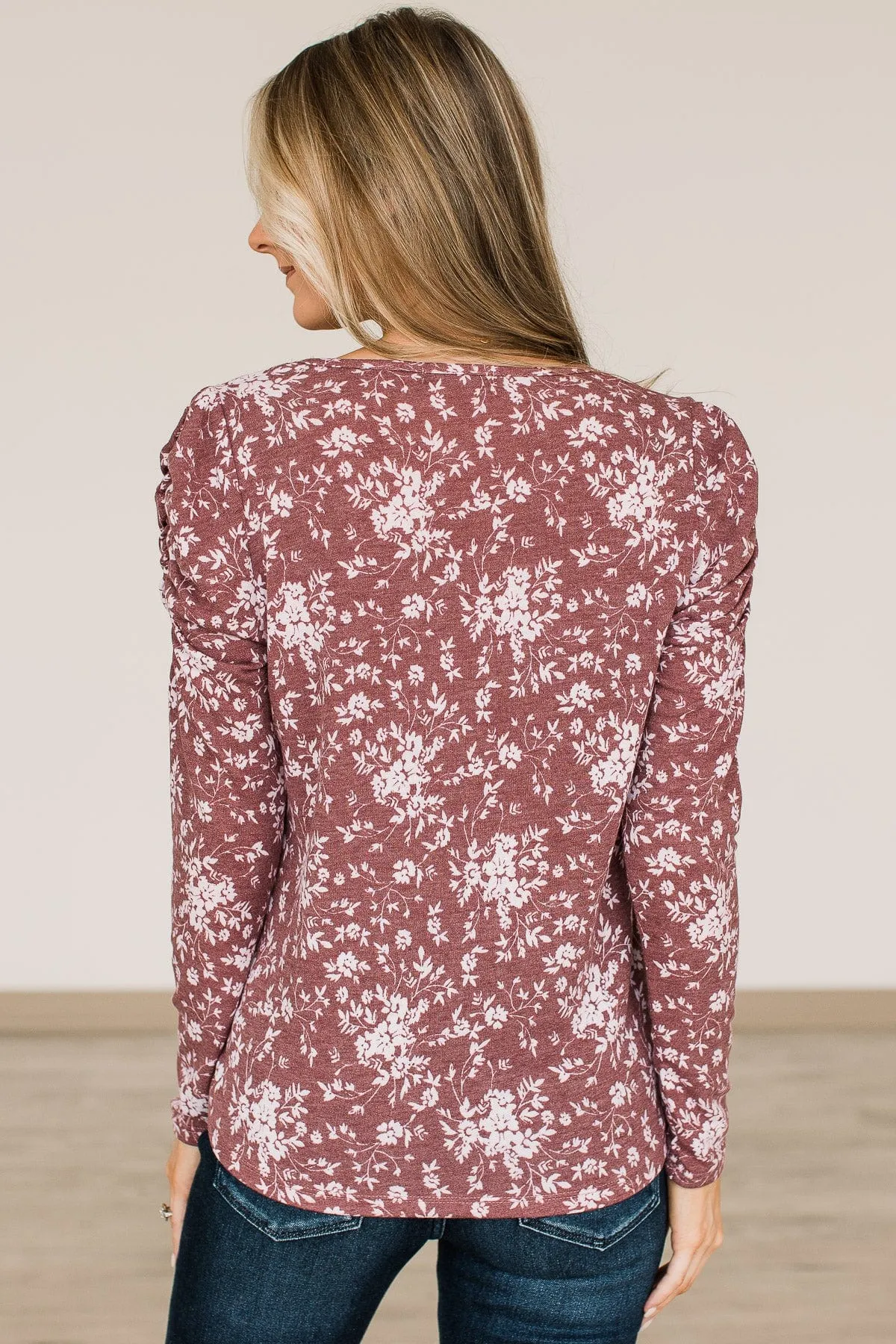 Unwavering Confidence Ruched Sleeve Top- Dusty Maroon