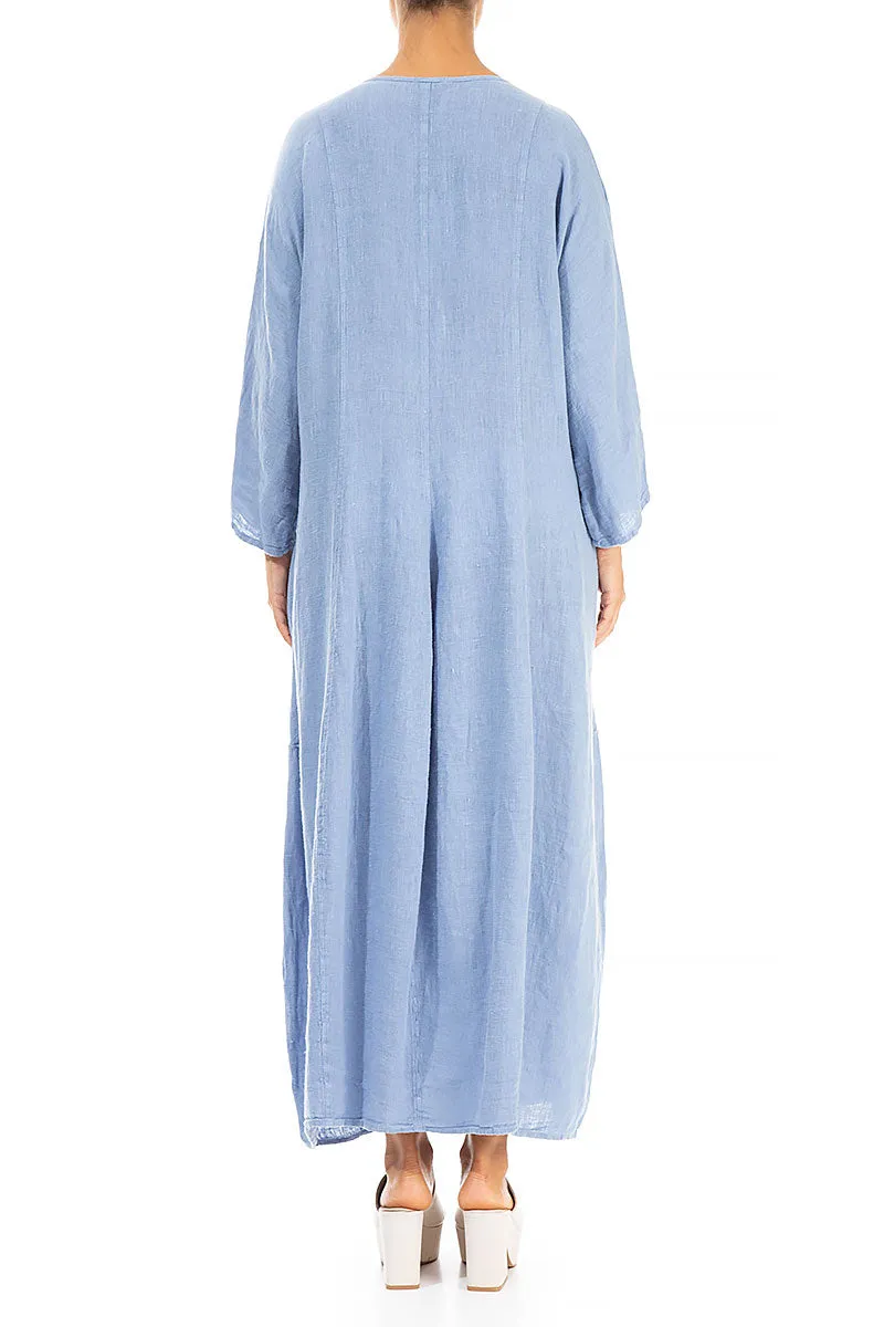 V-Neck Balloon Light Blue Linen Dress