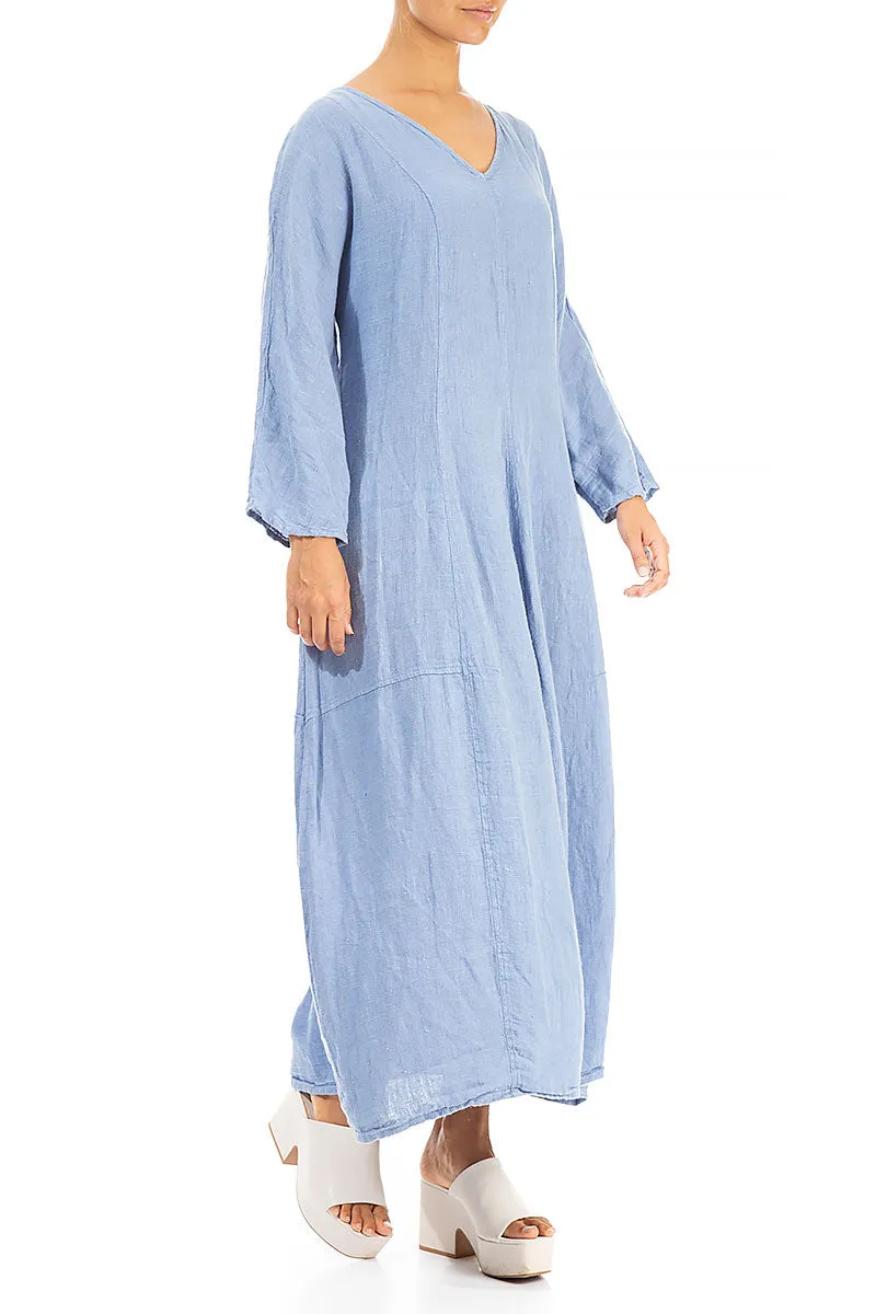 V-Neck Balloon Light Blue Linen Dress