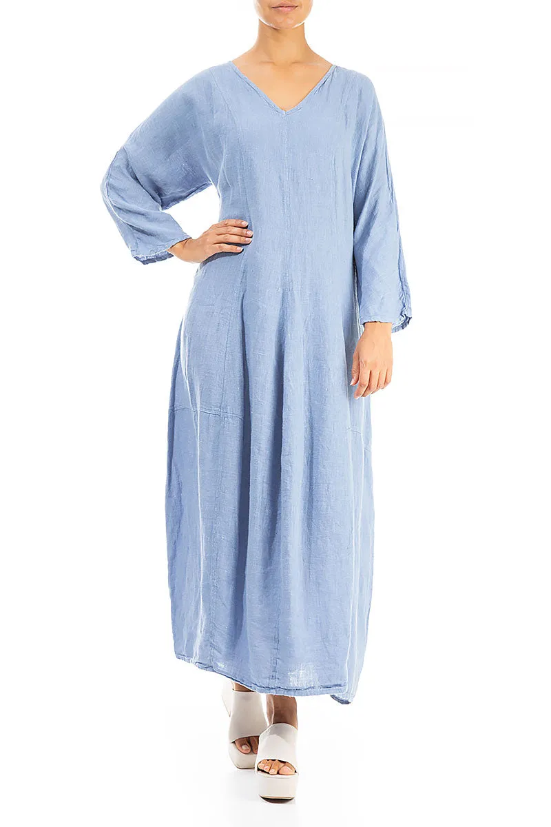 V-Neck Balloon Light Blue Linen Dress