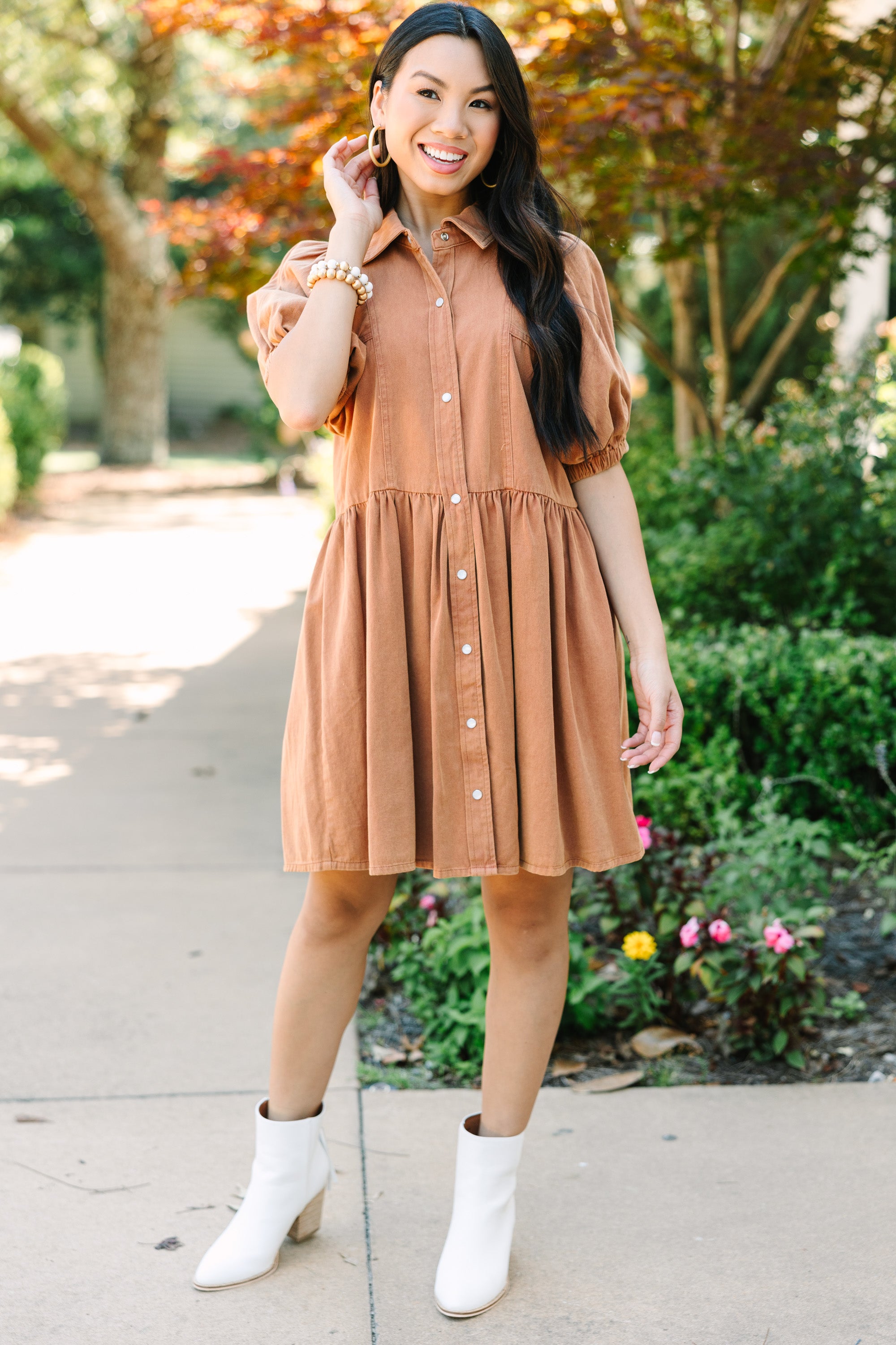 Well Known Cinnamon Brown Denim Babydoll Dress