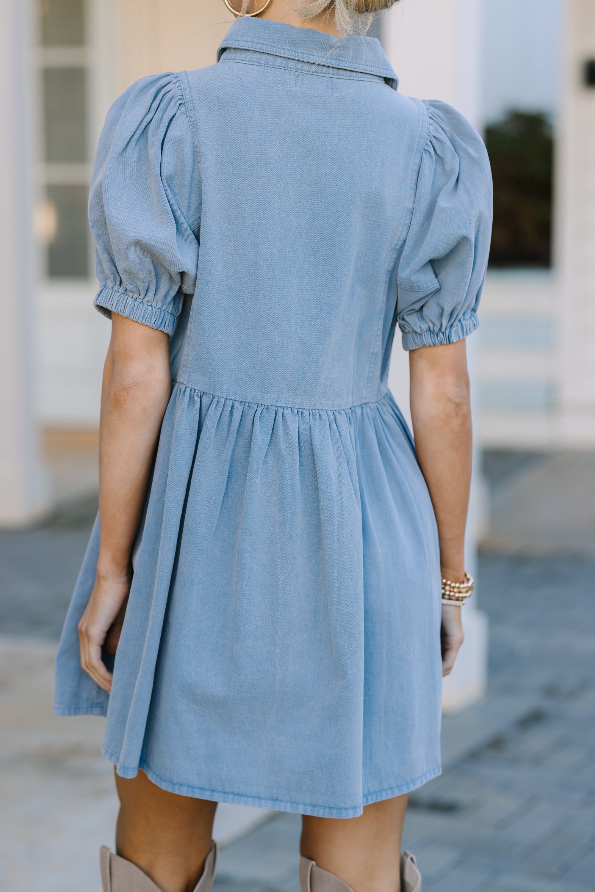 Well Known Light Blue Denim Babydoll Dress