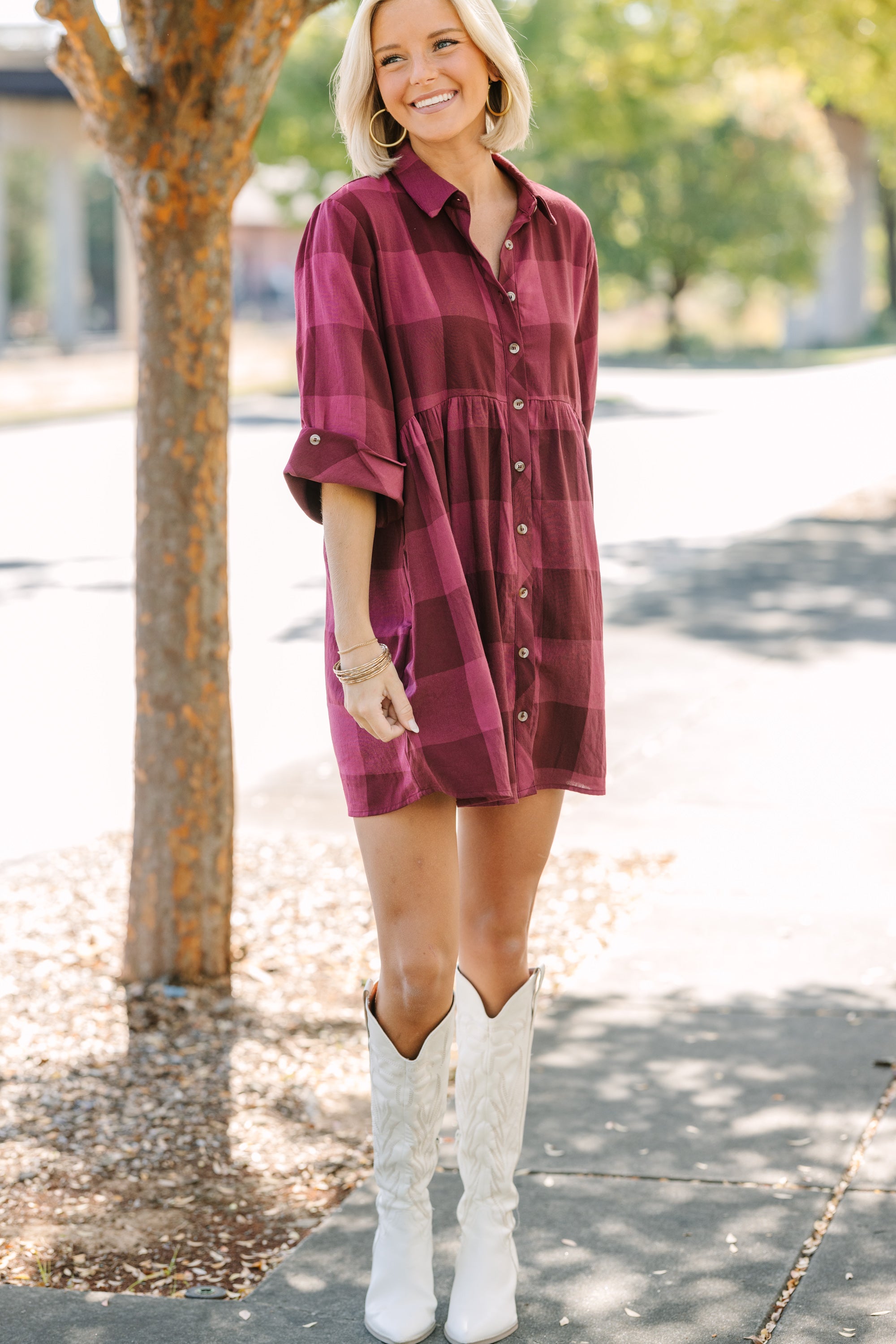 We're Better Together Burgundy Red Plaid Babydoll Dress