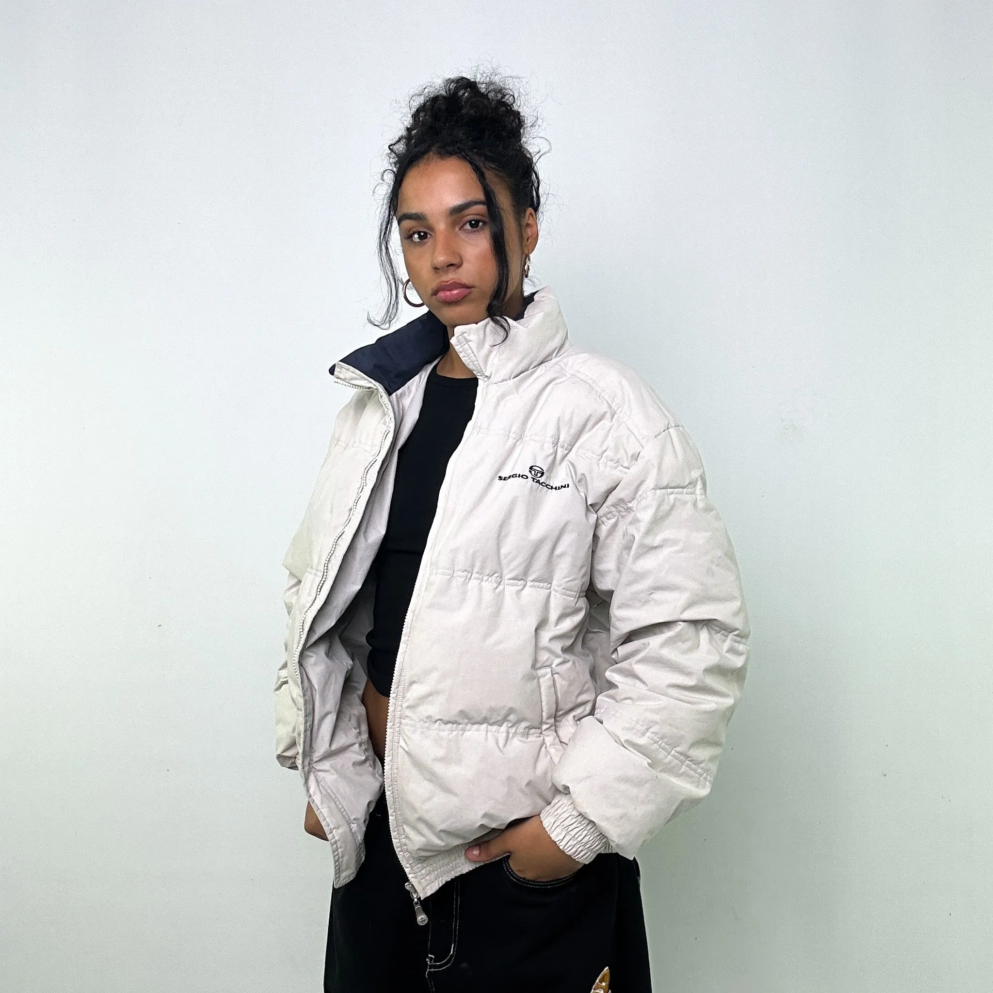 White 90s Sergio Tacchini Puffer Jacket Coat (XL)