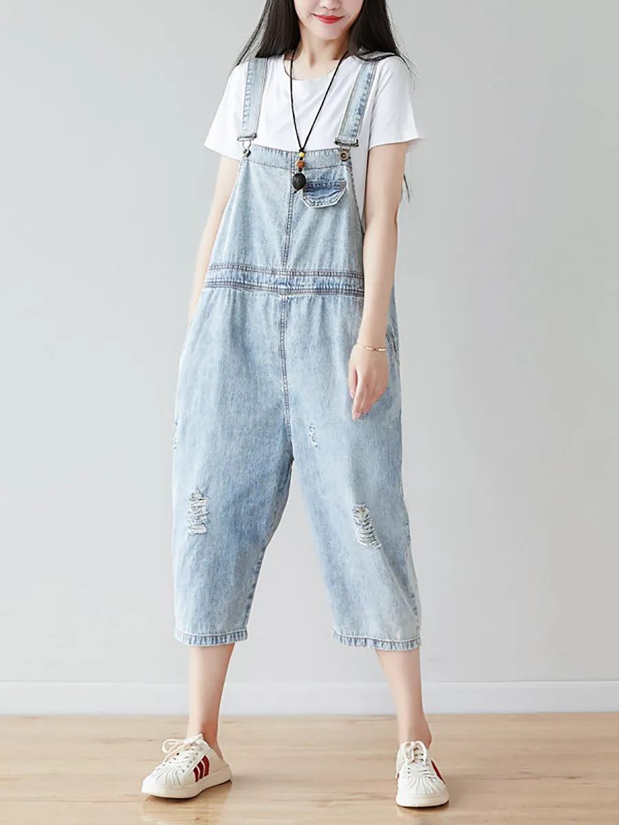 Women Retro Frayed Solid Claf-Length Denim Jumpsuits CO1019