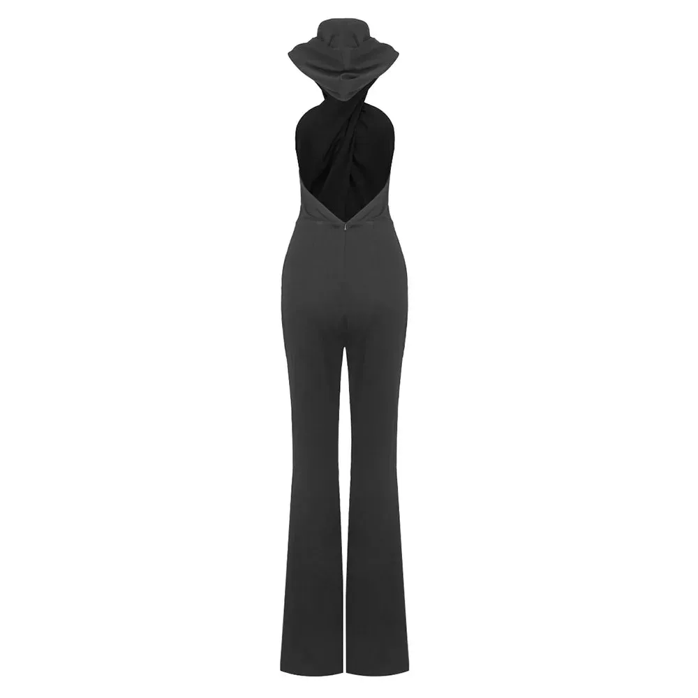 Women's Winter Black Open Back Hat Sexy Celebrity Club Jumpsuit