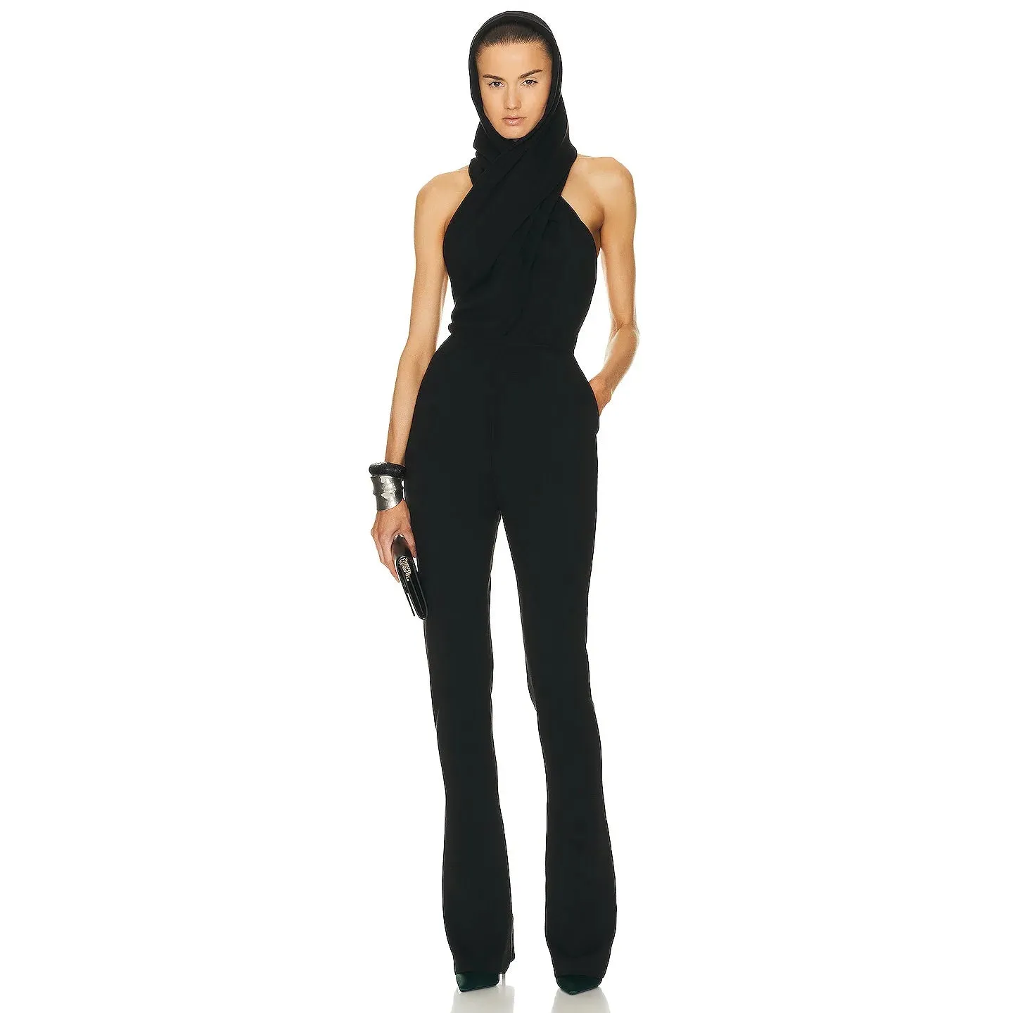 Women's Winter Black Open Back Hat Sexy Celebrity Club Jumpsuit