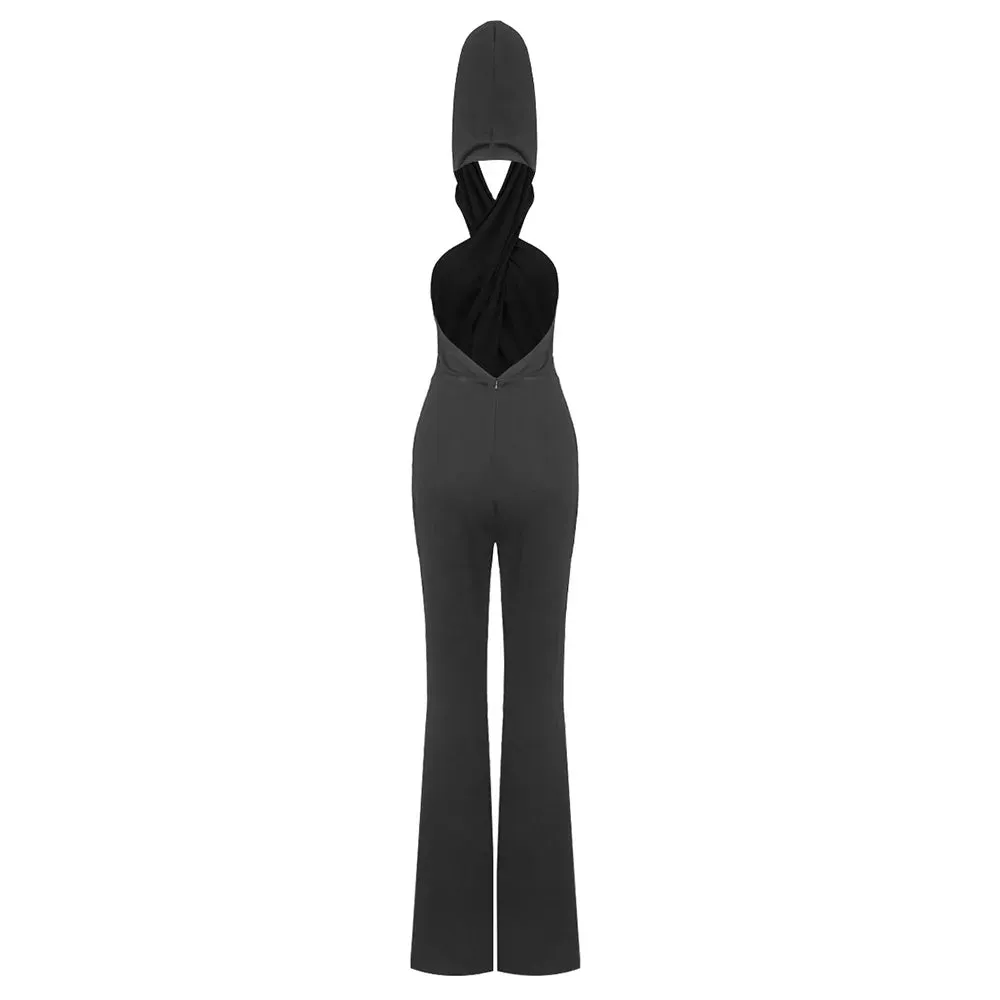 Women's Winter Black Open Back Hat Sexy Celebrity Club Jumpsuit