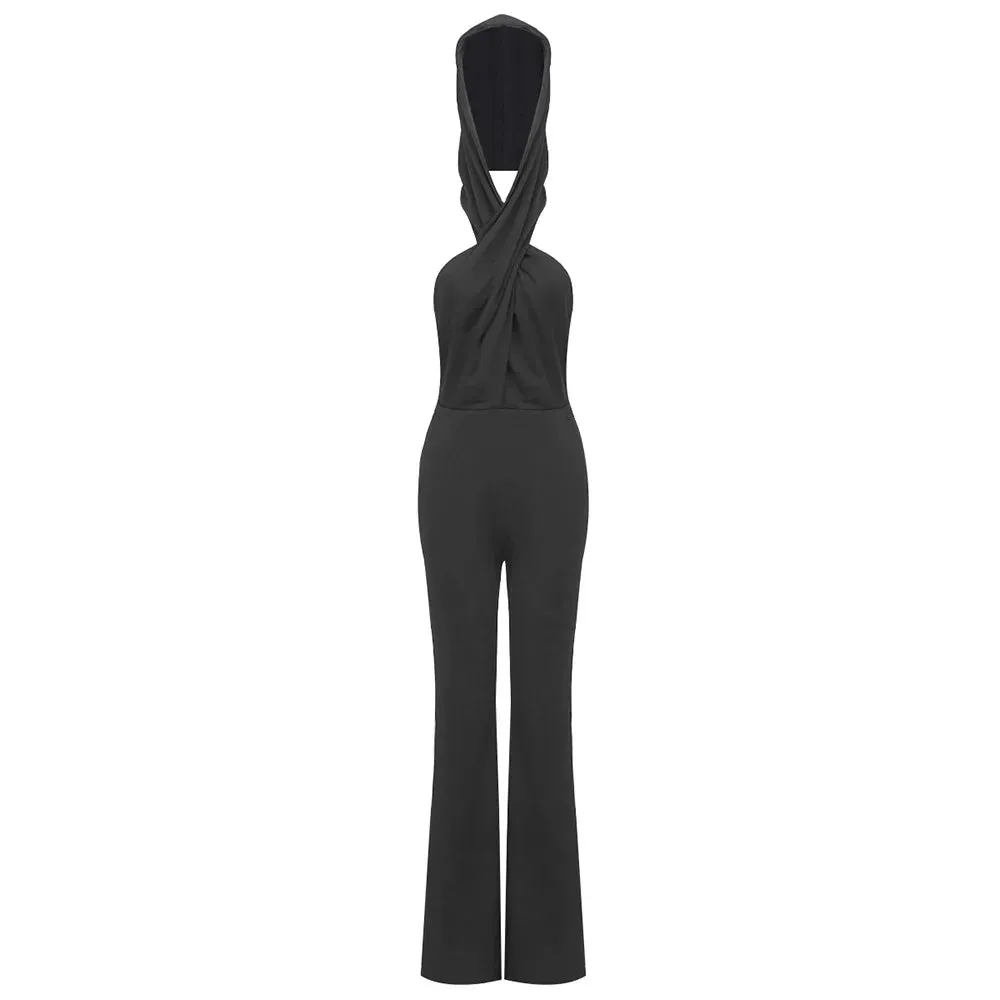 Women's Winter Black Open Back Hat Sexy Celebrity Club Jumpsuit