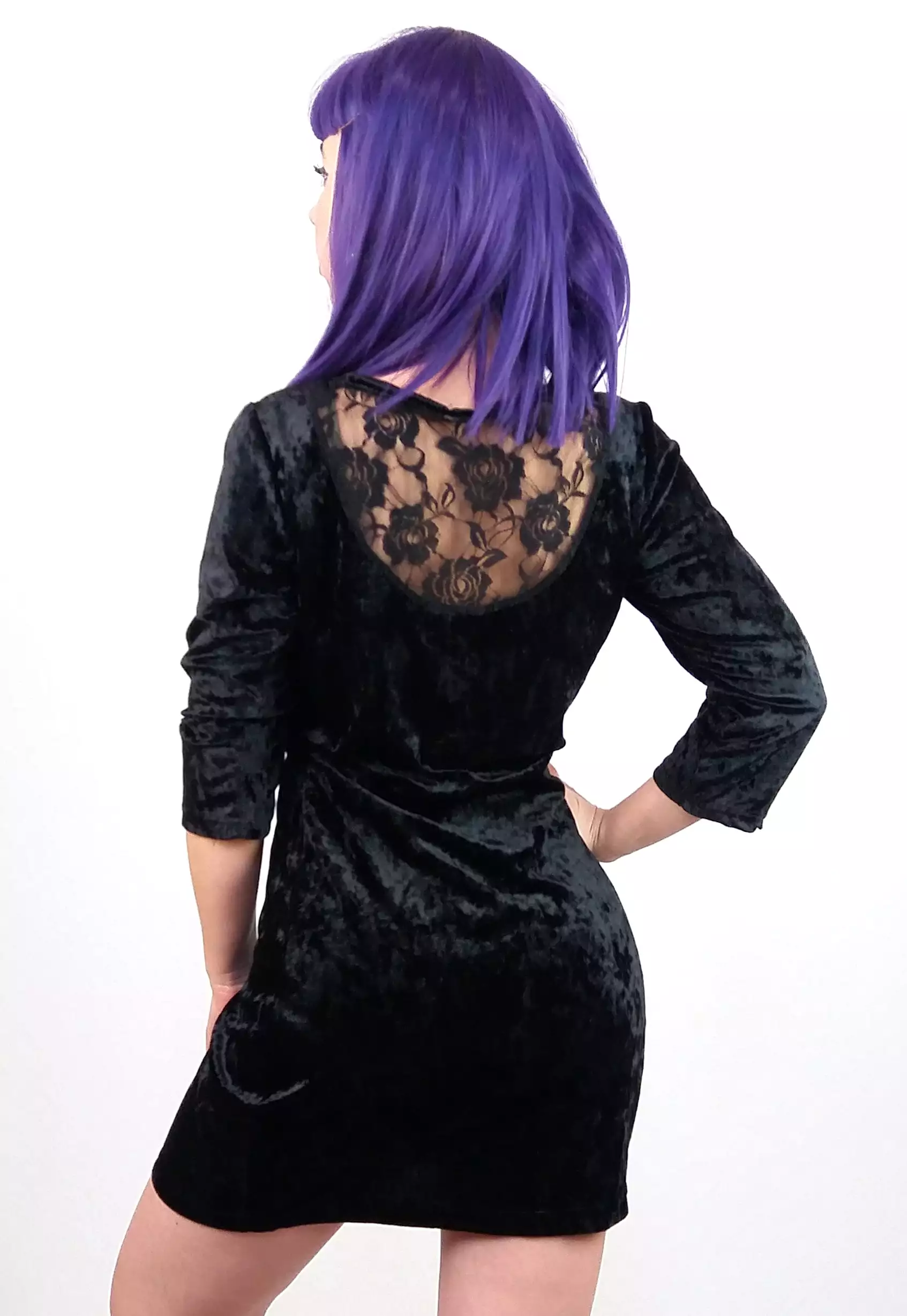 Y2K Black Velour Mini Dress Lace Back - size S-M