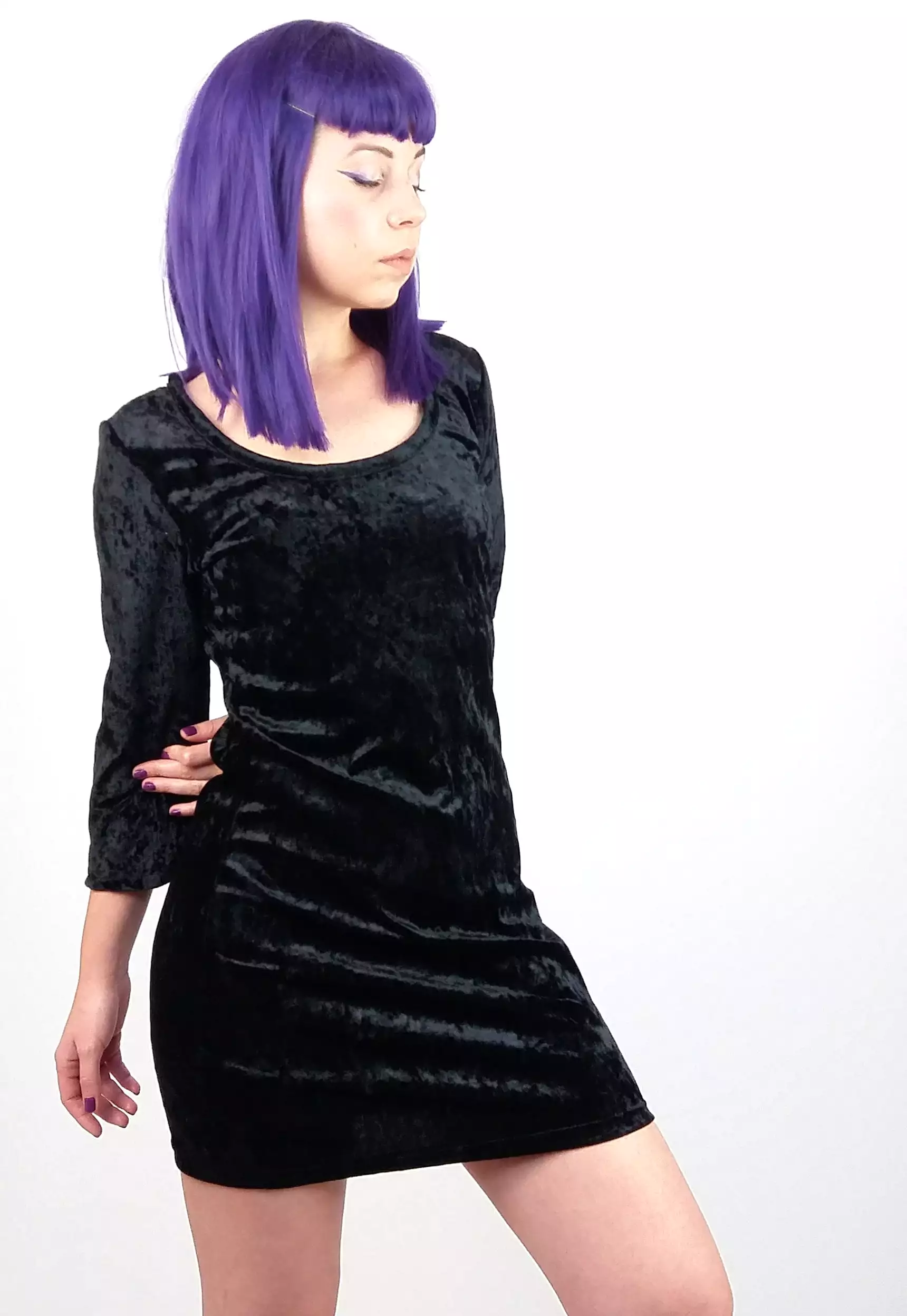 Y2K Black Velour Mini Dress Lace Back - size S-M