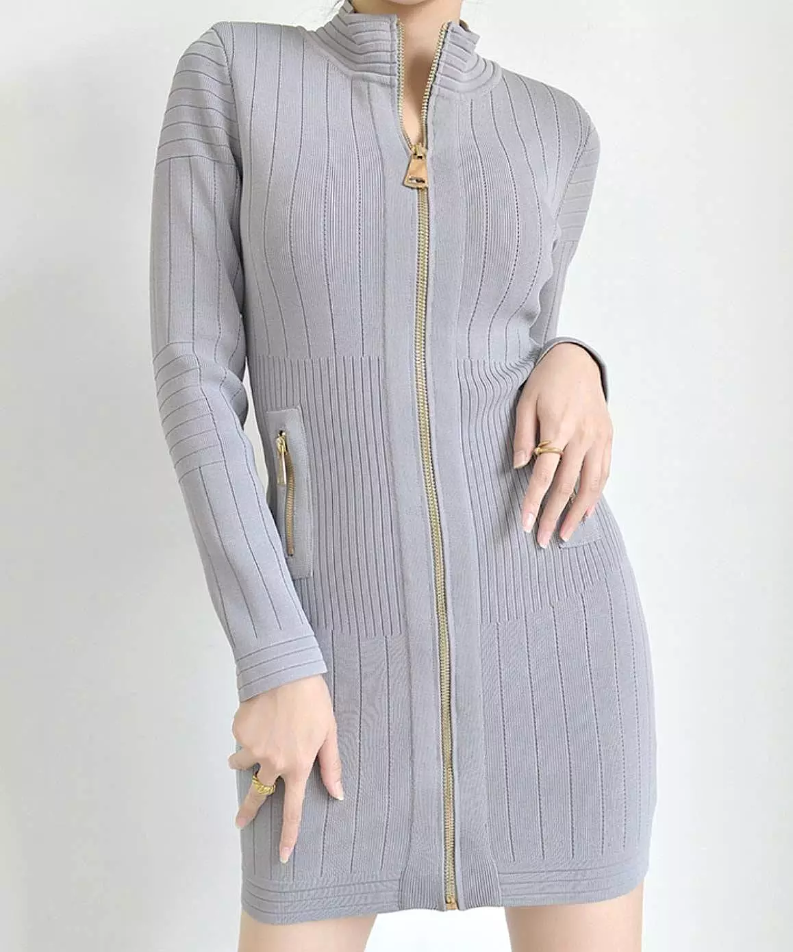 Zippered Knitted Mini Dress In Gray